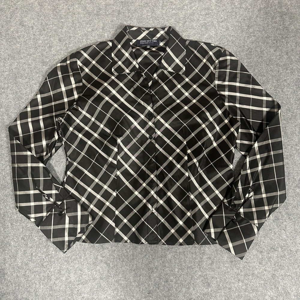 Jones New York Signature Petite Blouse PM Black White Plaid Button Down